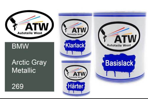 BMW, Arctic Gray Metallic, 269: 1L Lackdose + 1L Klarlack + 500ml Härter - Set, von ATW Autoteile West.